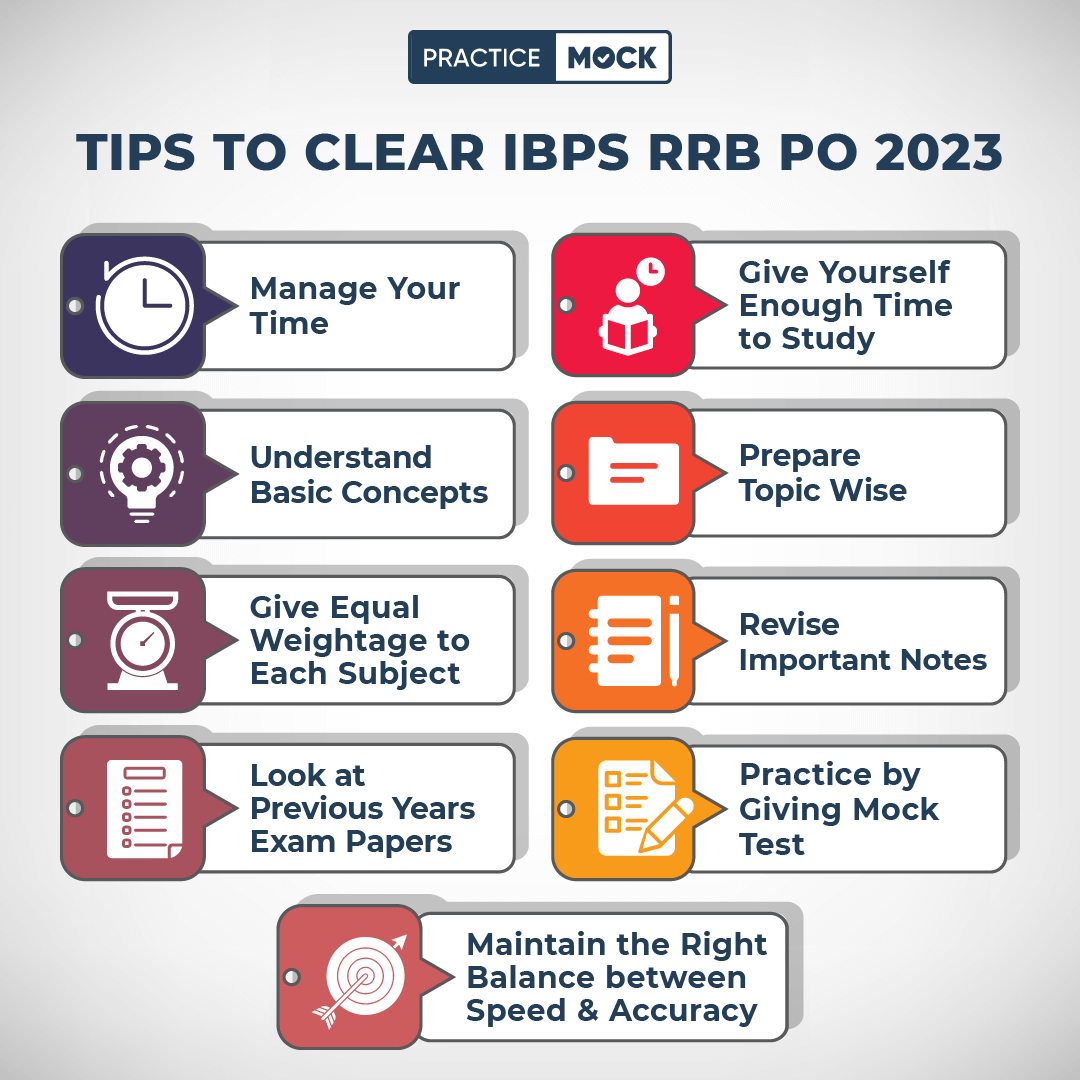 Tips to Clear IBPS RRB PO 2023"-Manage your Time. -Give yourself enough time to study -Understand basic concepts -Prepare Topic wise -Give Equal weightage to Each Subject -Revise Important Notes -Look at previous years exam papers -Maintain the Right Balance between Speed and Accuracy -Practice by Giving Mock Test"