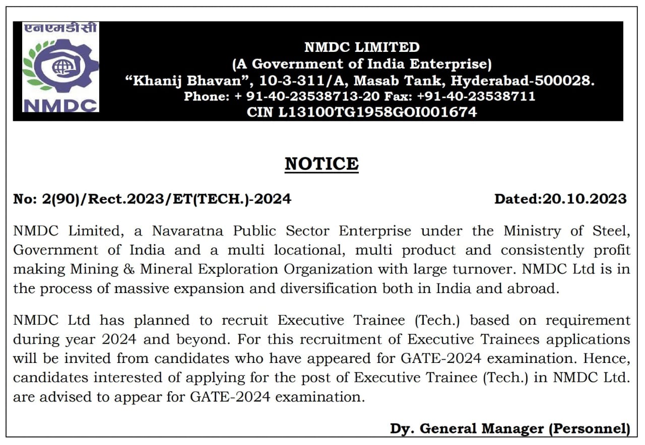 Exciting Opportunity for GATE 2024 Aspirants: Join NMDC Ltd as Executive Trainees (Tech)