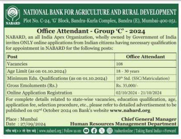 NABARD Office Attendant Recruitment 2024 Short Notice Out for 108 Vacancies